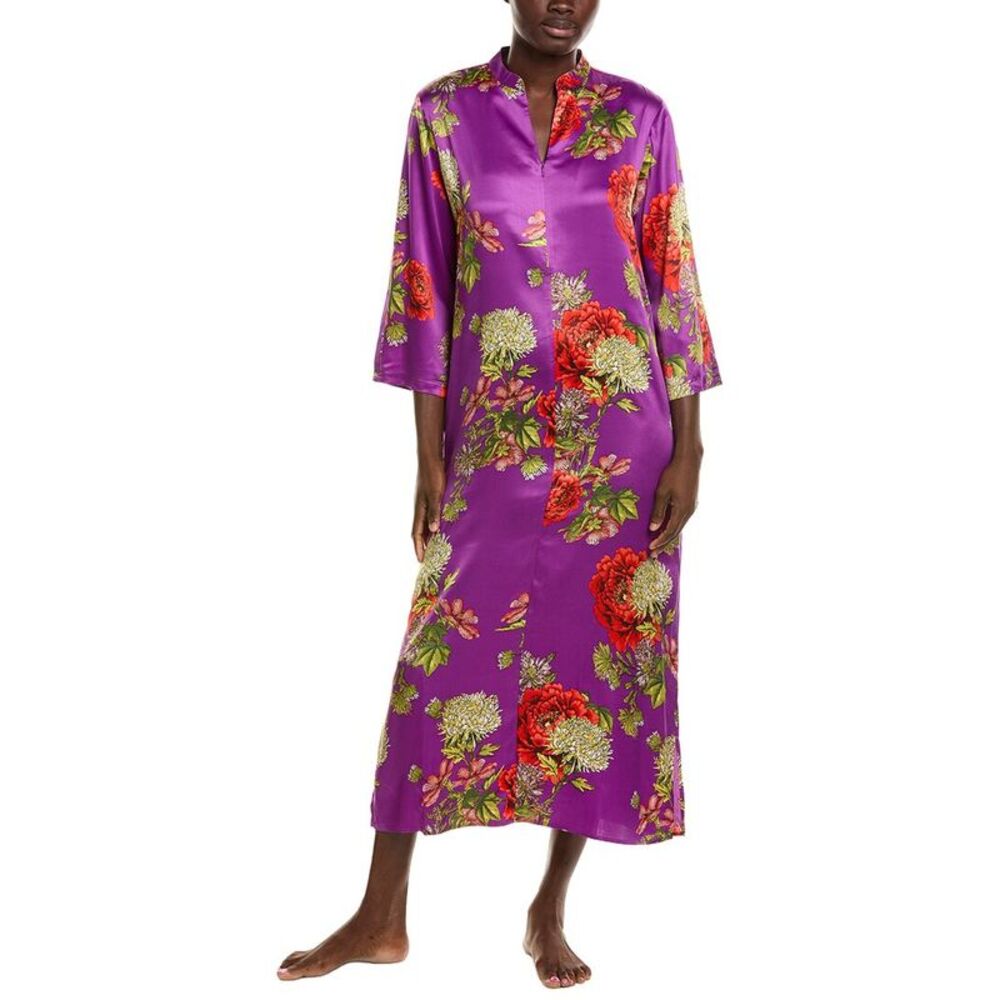 N Natori Womens Crysanthe Printed Satin Zip Caftan, Purple